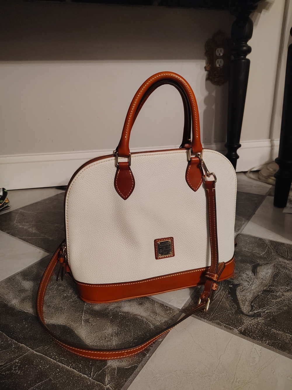 Dooney And Bourke White and Brown Structured Dome Satchel Bag - Classic Handbag